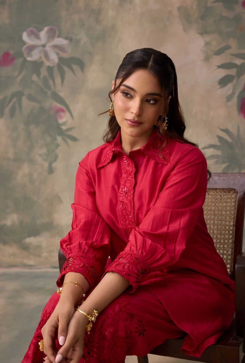 Red Embroidered Collar Jalsa Co-Ord Set