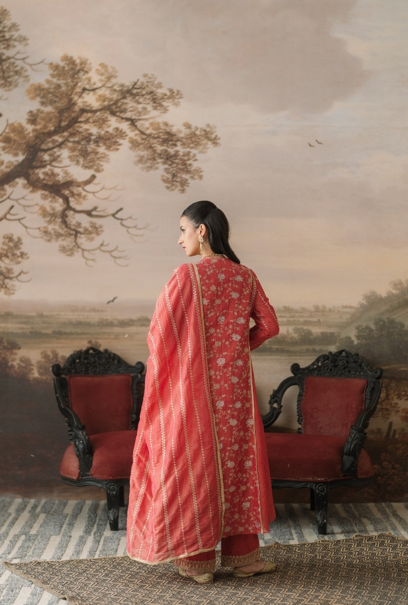 Coral Pink Embroidered Front Panel Gulbano Anarkali Set