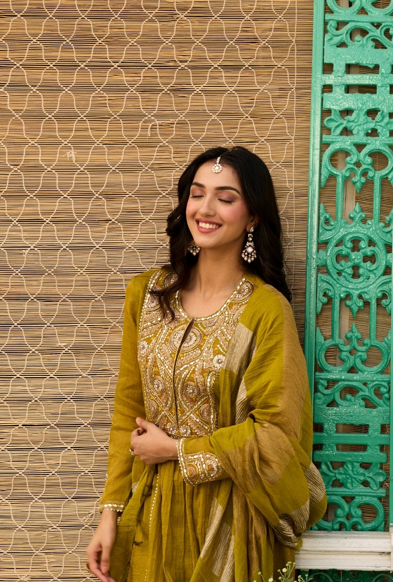 Olive Green Embroidered Square Yoke Sabah Anarkali Set