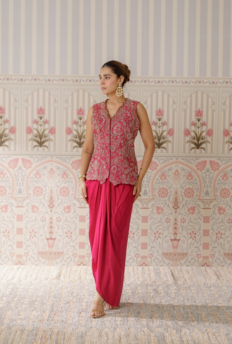 Red Heavy Embroidered Sleeveless Mallika Jacket Set