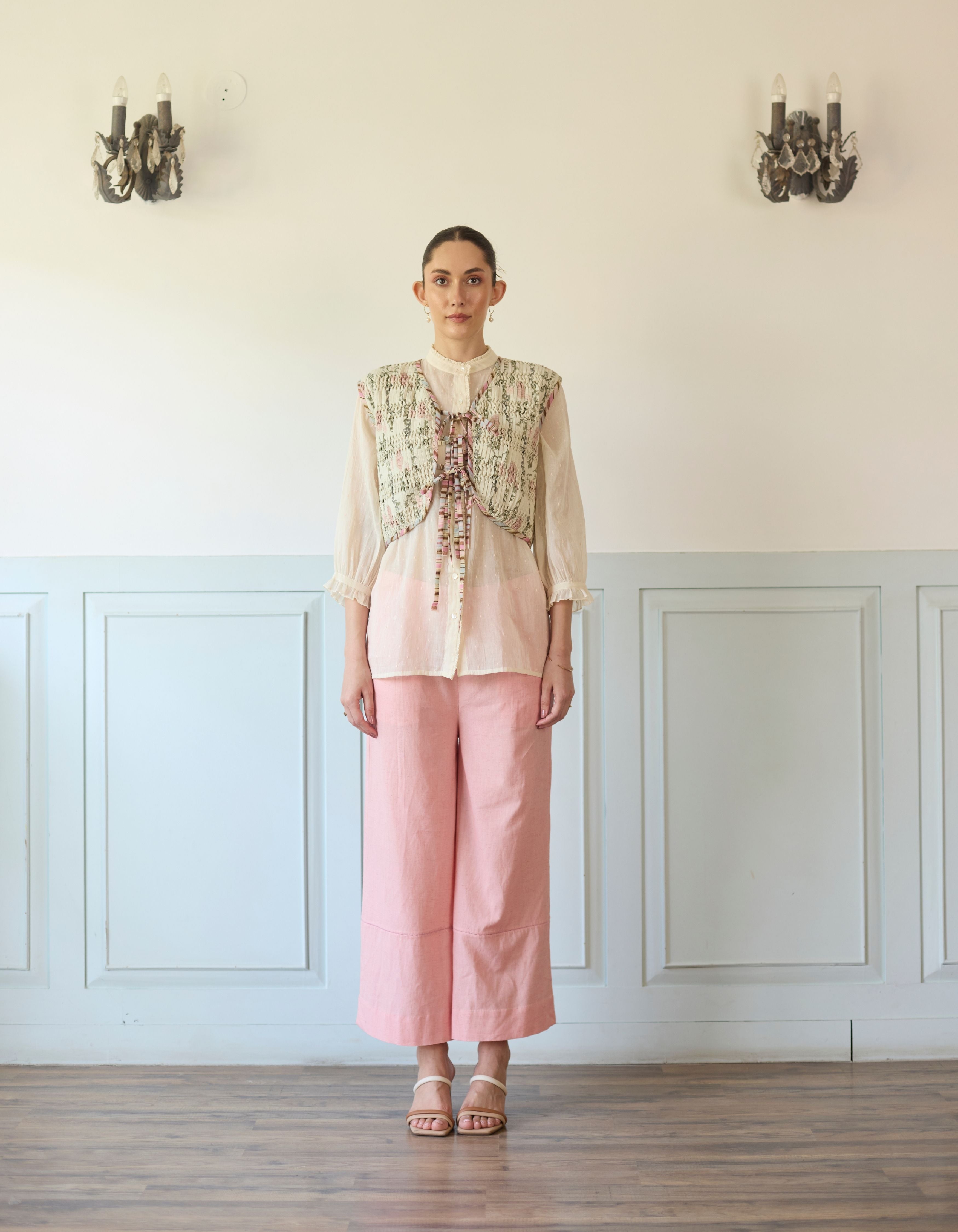 Light Pink Smocked Gilet With Gathered Shirt Amelia Co-Ord Set