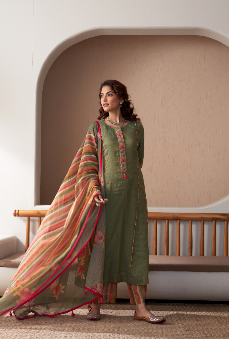 Green Embroidered Placket Bageecha Anarkali Set