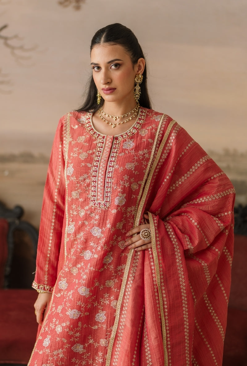 Coral Pink Embroidered Front Panel Gulbano Anarkali Set