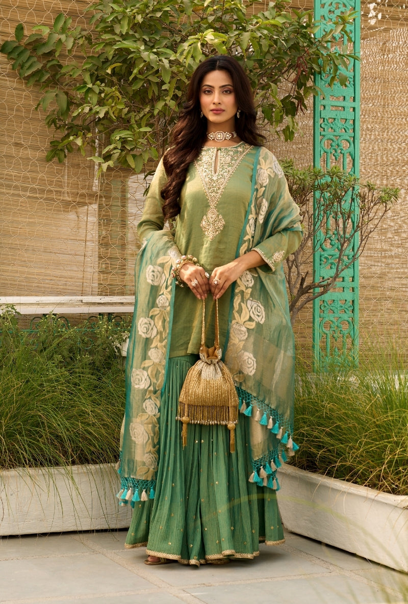 Green Embroidered Yoke Tissue Sabah Sharara Set
