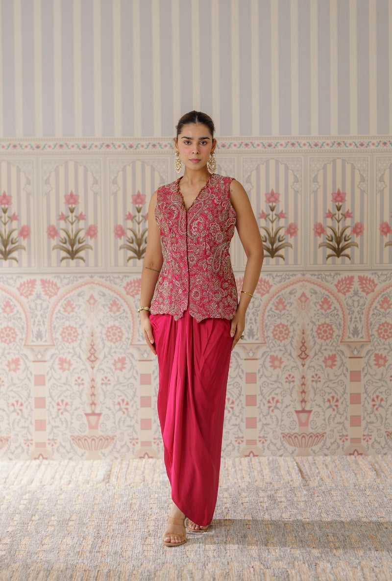 Red Heavy Embroidered Sleeveless Mallika Jacket Set