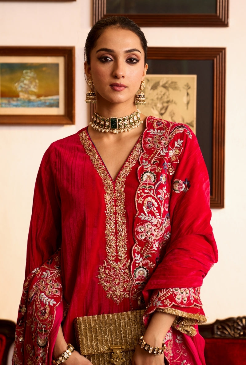 Hot Pink Crushed Velvet Dilbar Kurta Set