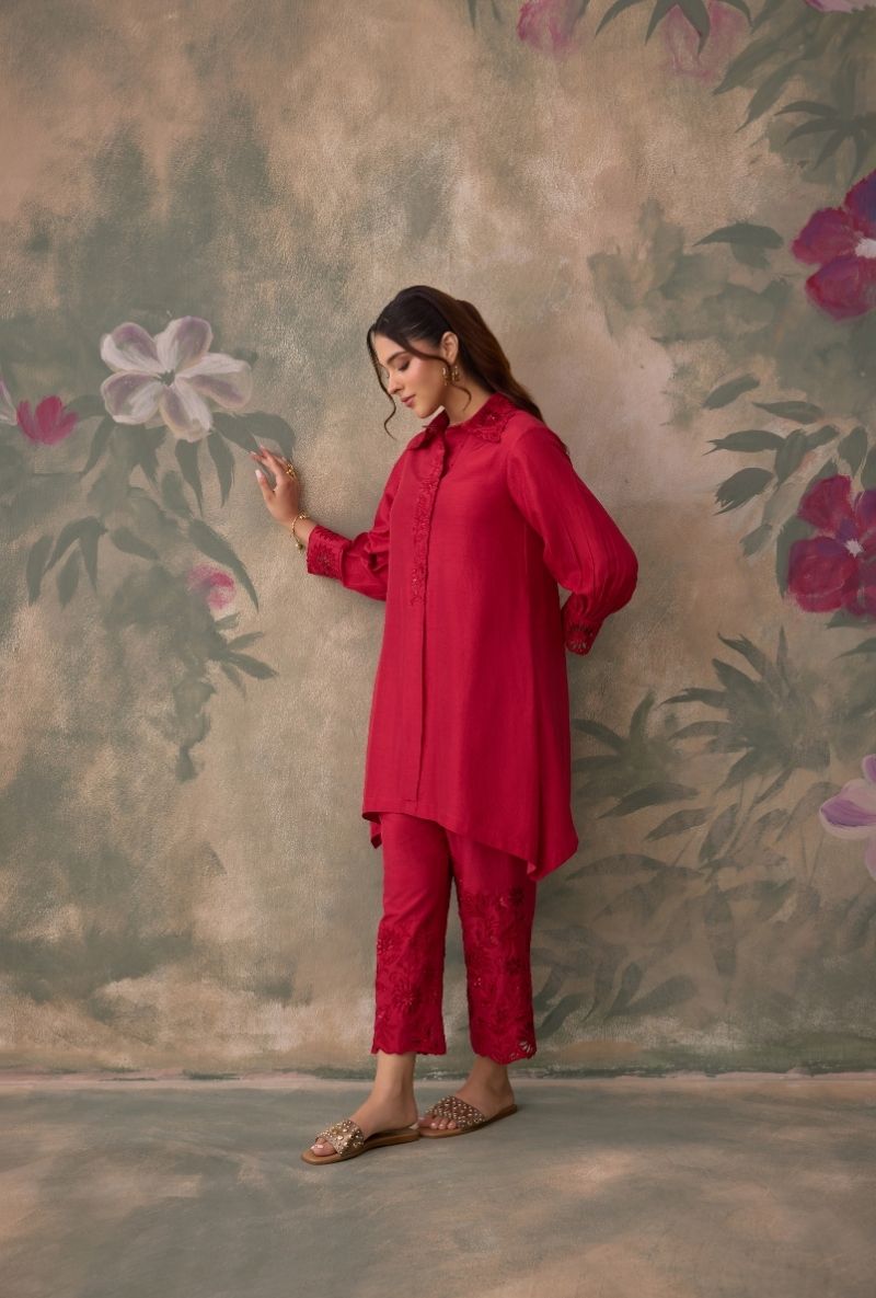 Red Embroidered Collar Jalsa Co-Ord Set