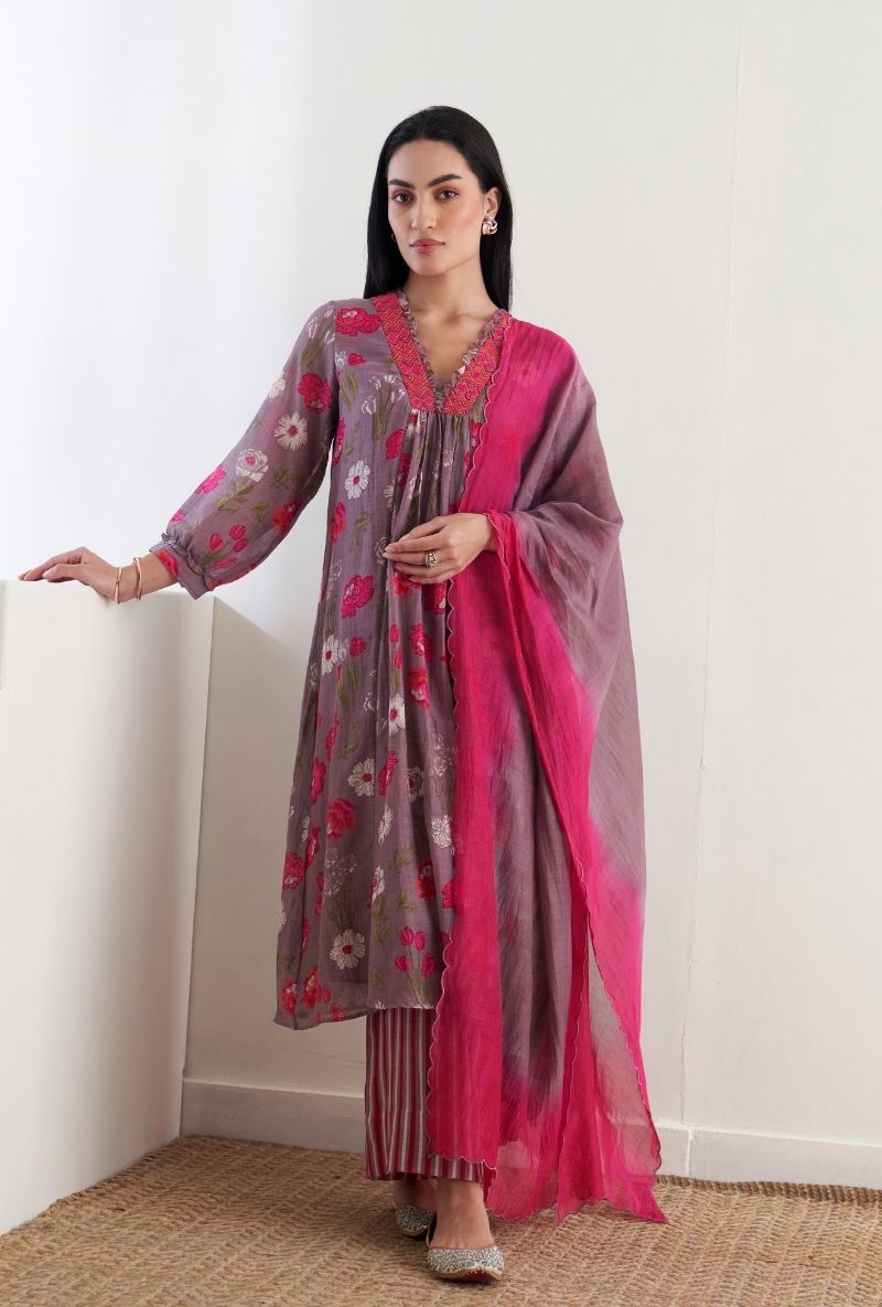 Lilac Floral Print Ruhi 2.0 Kurta Set