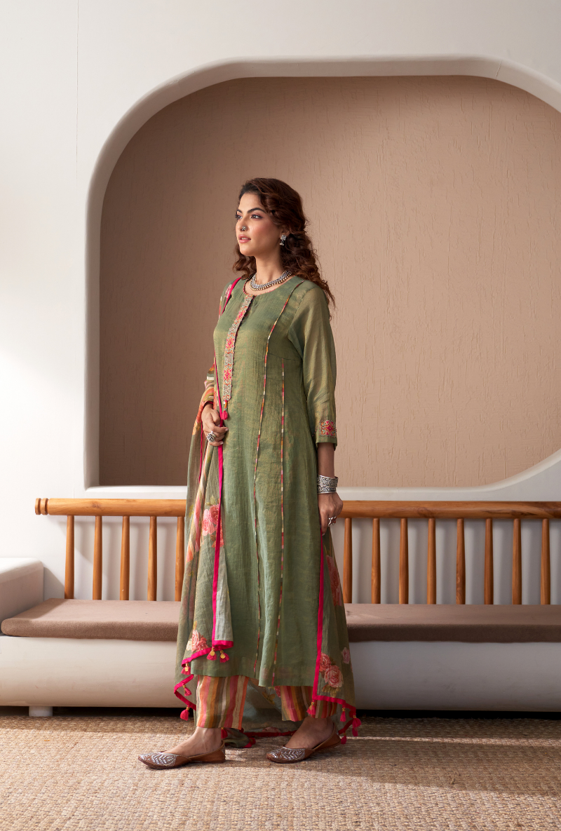 Green Embroidered Placket Bageecha Anarkali Set