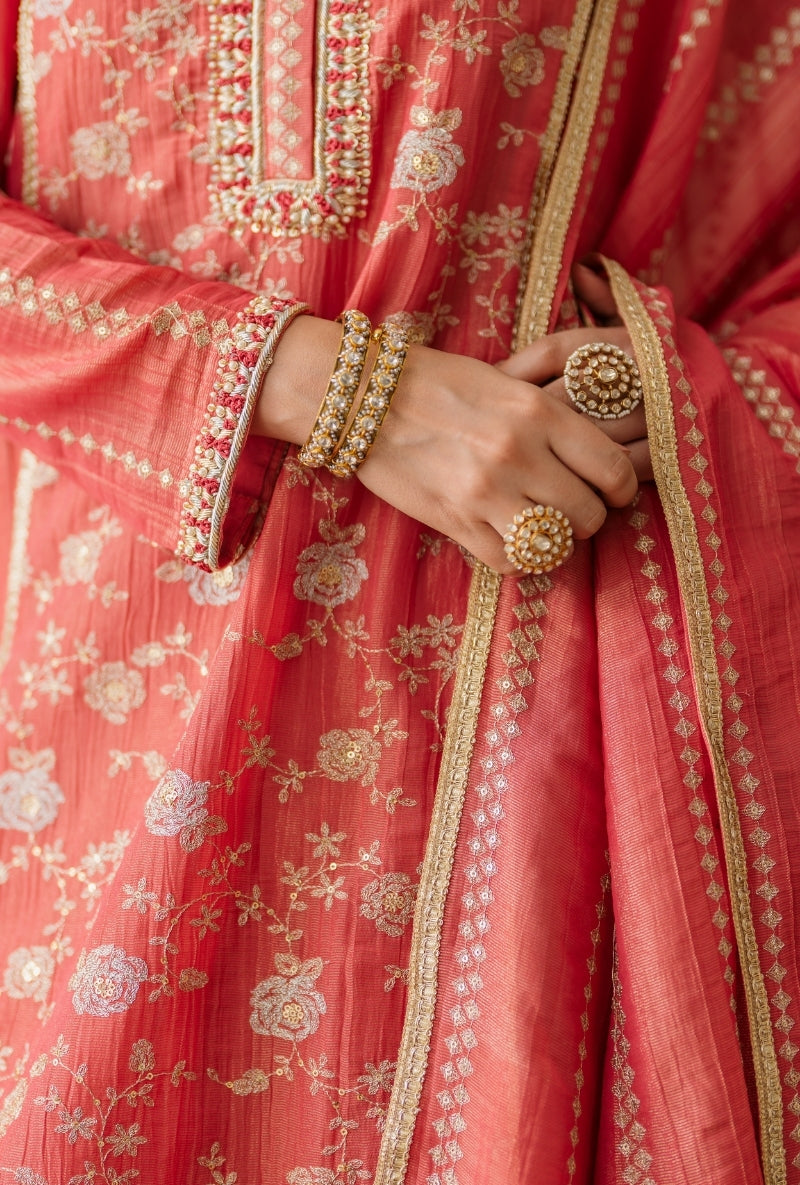 Coral Pink Embroidered Front Panel Gulbano Anarkali Set