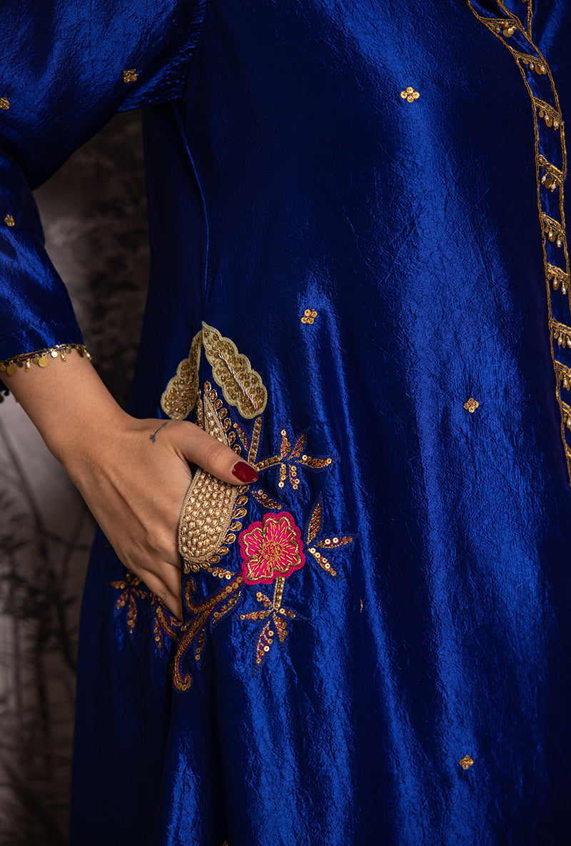 Blue Cheent Embroidery Solid Collar Pocket Shaheen Kurta Set
