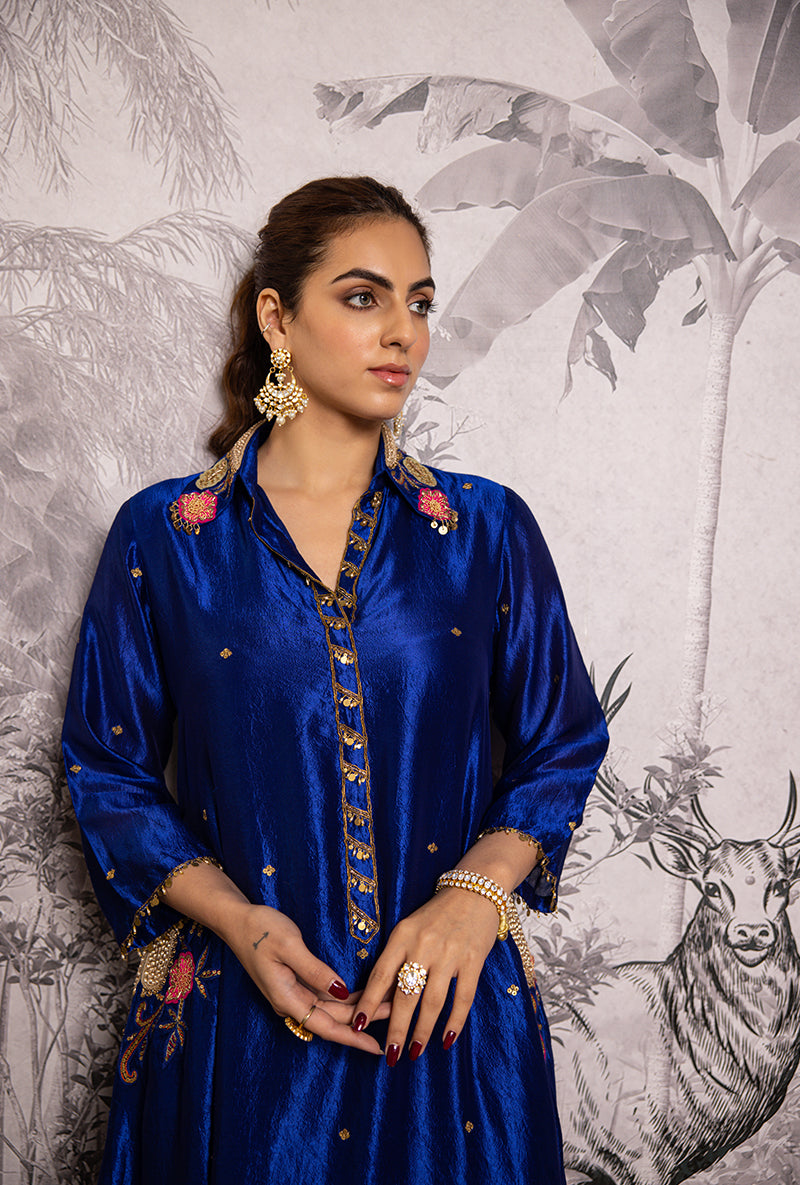 Blue Cheent Embroidery Solid Collar Pocket Shaheen Kurta Set