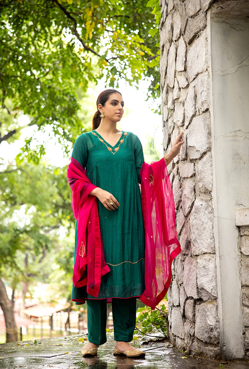 Emerald Green French Knot Work Dor Kurta Set