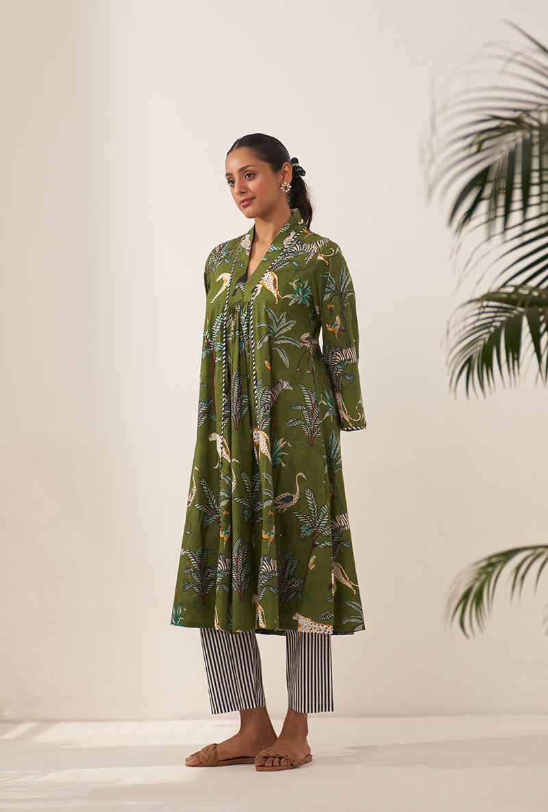 Green Tropical And Stripe Lovebirds Kurta Set