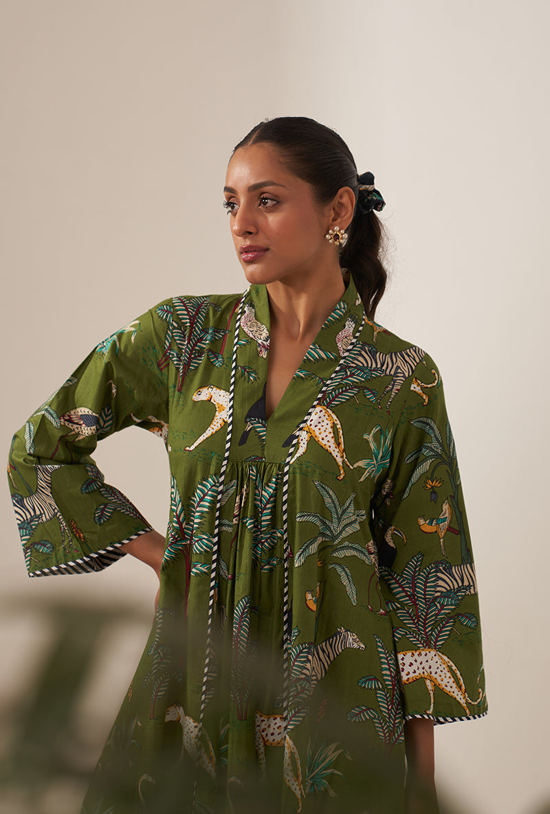 Green Tropical And Stripe Lovebirds Kurta Set