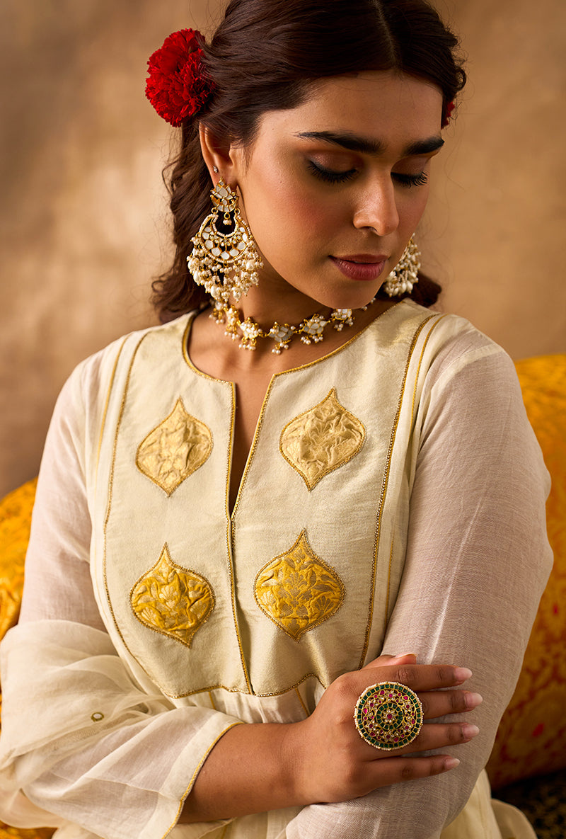 Ivory Brocade Patch Khwaab Anarkali Set