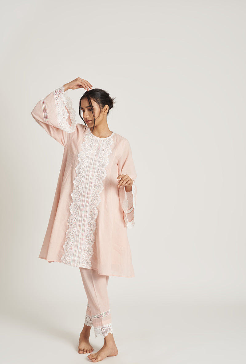 Pale Pink Pakistani-Inspired Flared Aliza Laila Kurta Set