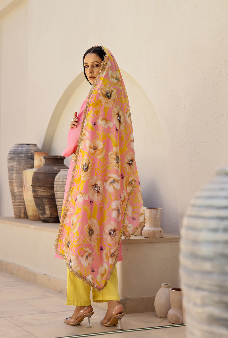 Pink And Yellow Garden Printed A Line Magnolia Kurta Set
