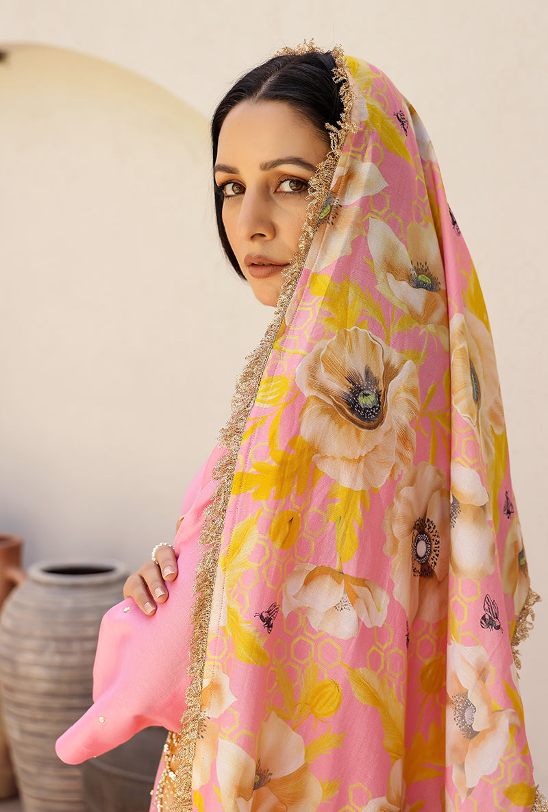 Pink And Yellow Garden Printed A Line Magnolia Kurta Set