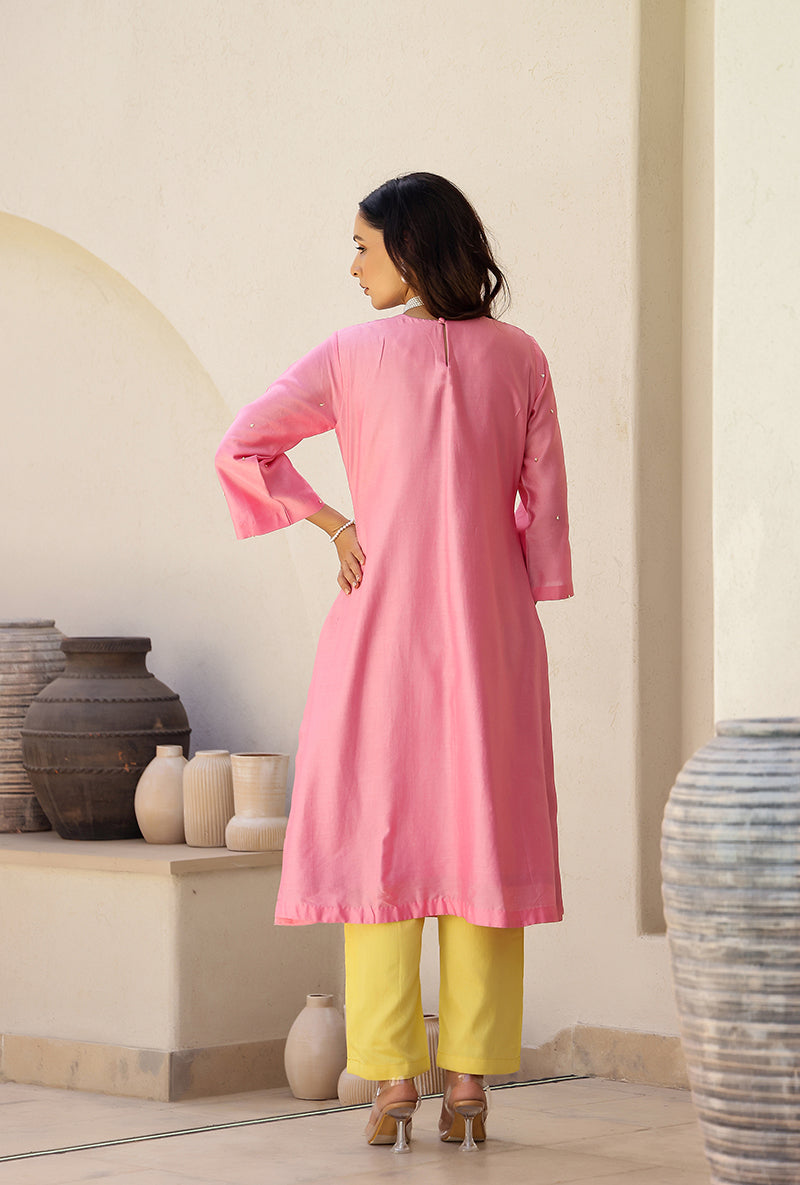 Pink And Yellow Garden Printed A Line Magnolia Kurta Set