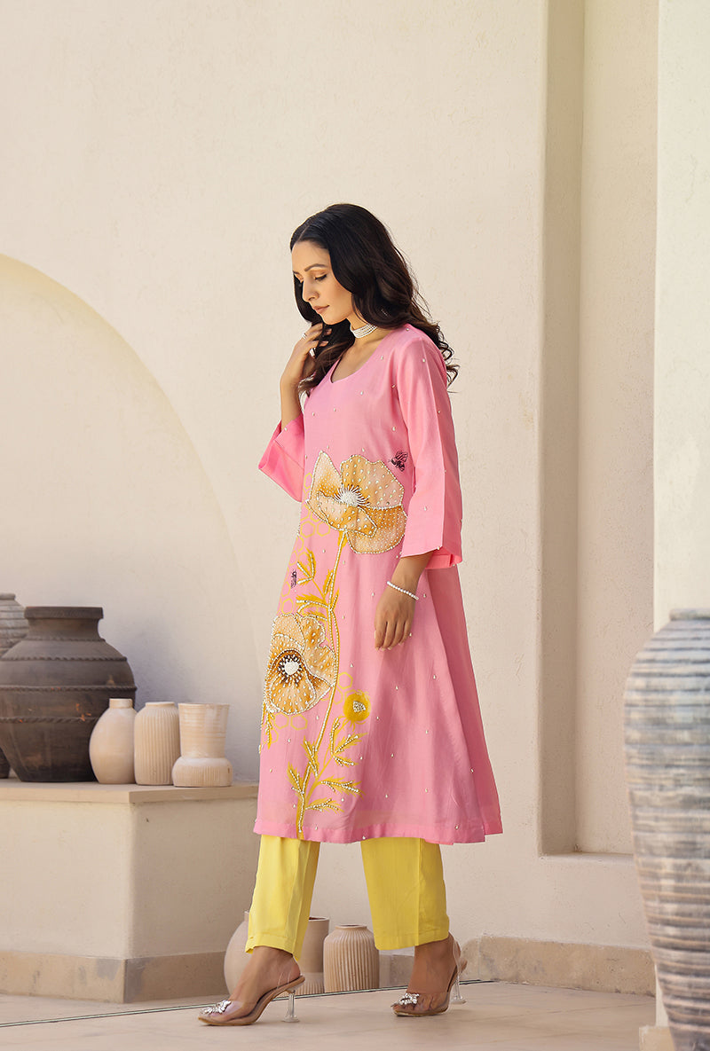 Pink And Yellow Garden Printed A Line Magnolia Kurta Set