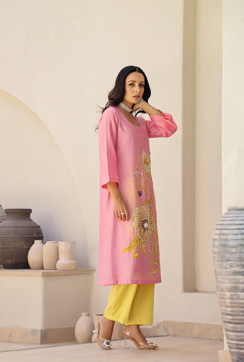 Pink And Yellow Garden Printed A Line Magnolia Kurta Set