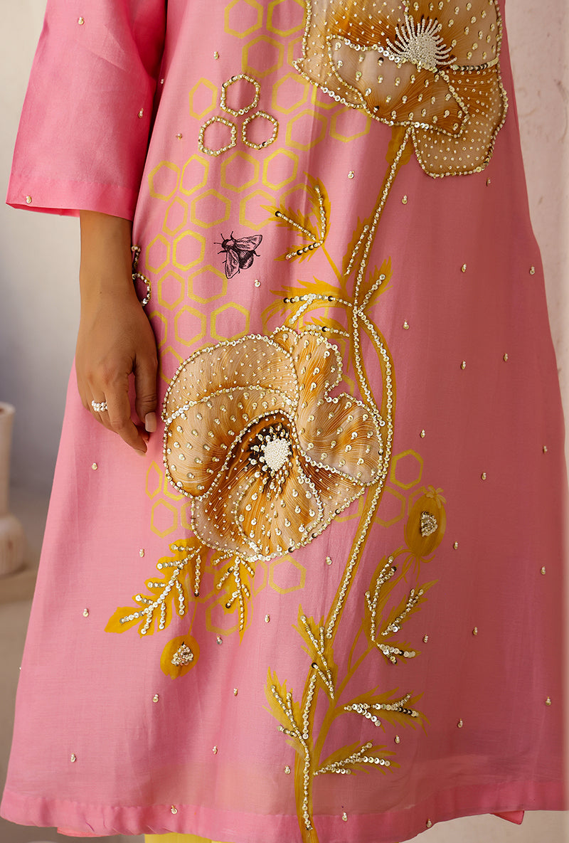Pink And Yellow Garden Printed A Line Magnolia Kurta Set