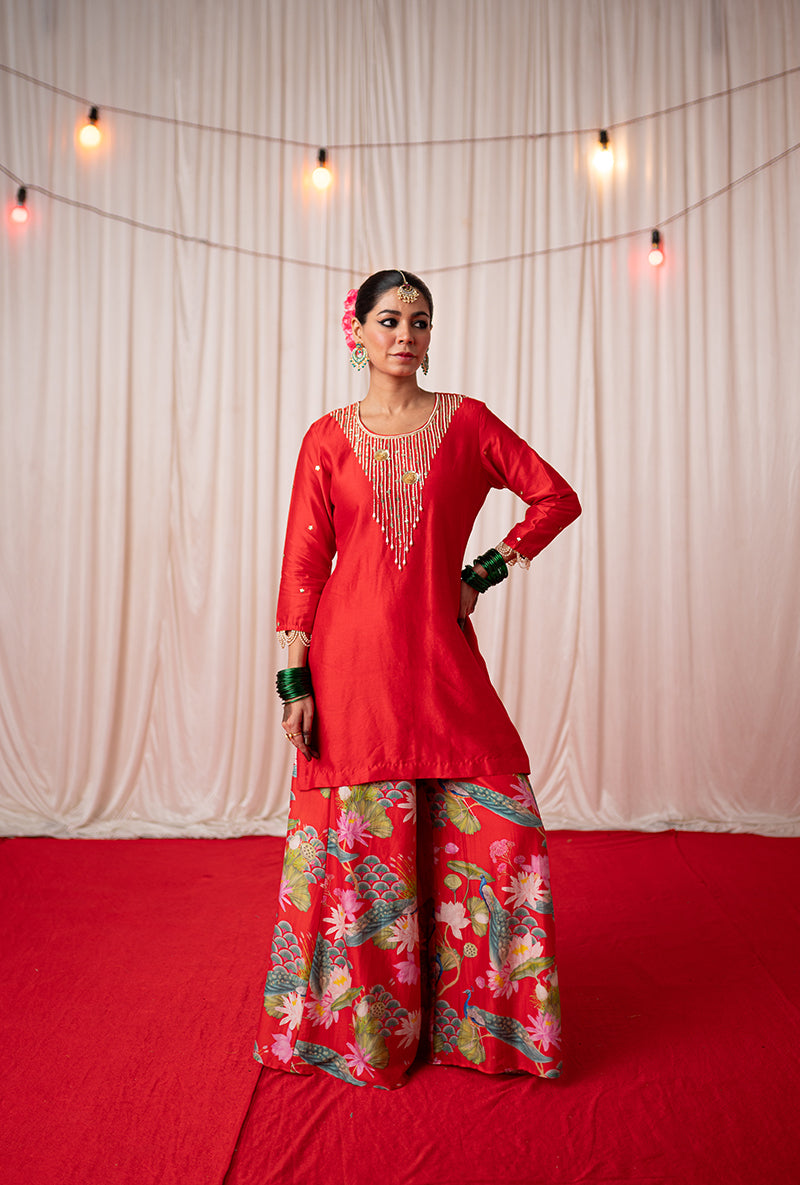Red Embroidered Kamli 2.0 Sharara Set