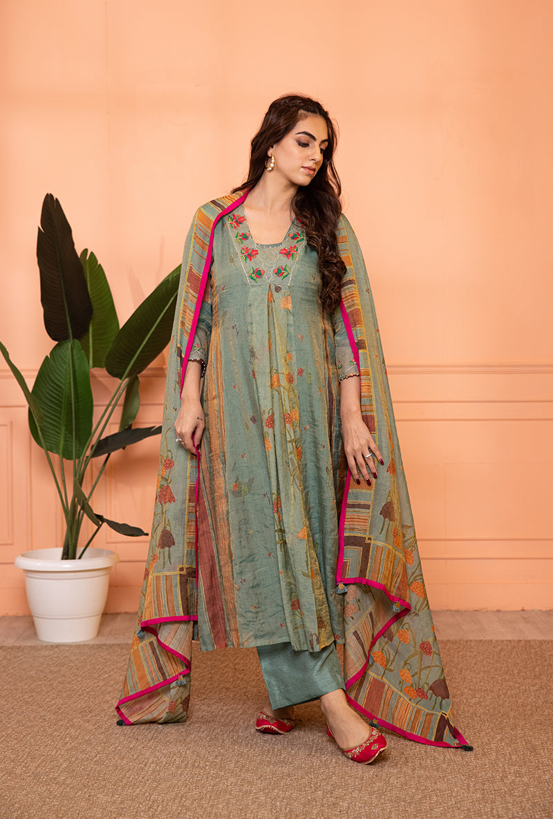 Teal Blue V-Neck Scallop Sia Kurta Set