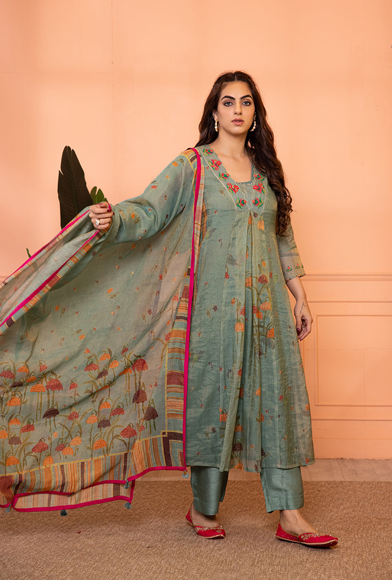 Teal Blue V-Neck Scallop Sia Kurta Set