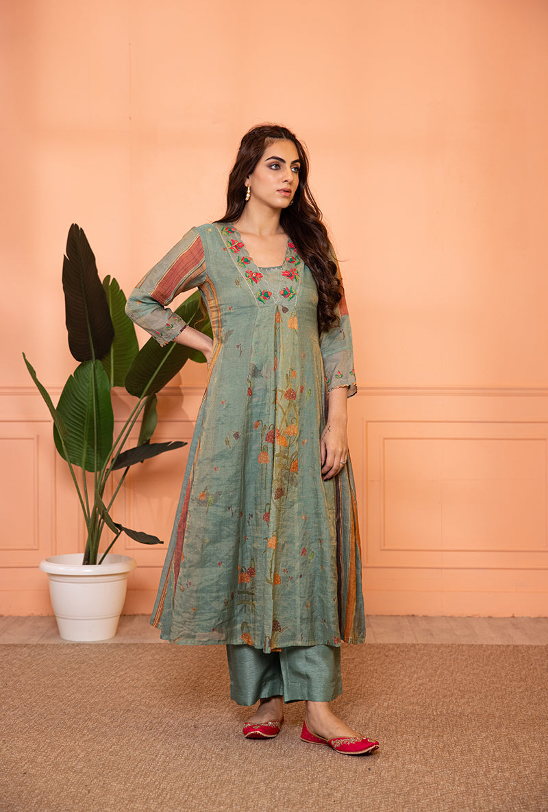 Teal Blue V-Neck Scallop Sia Kurta Set