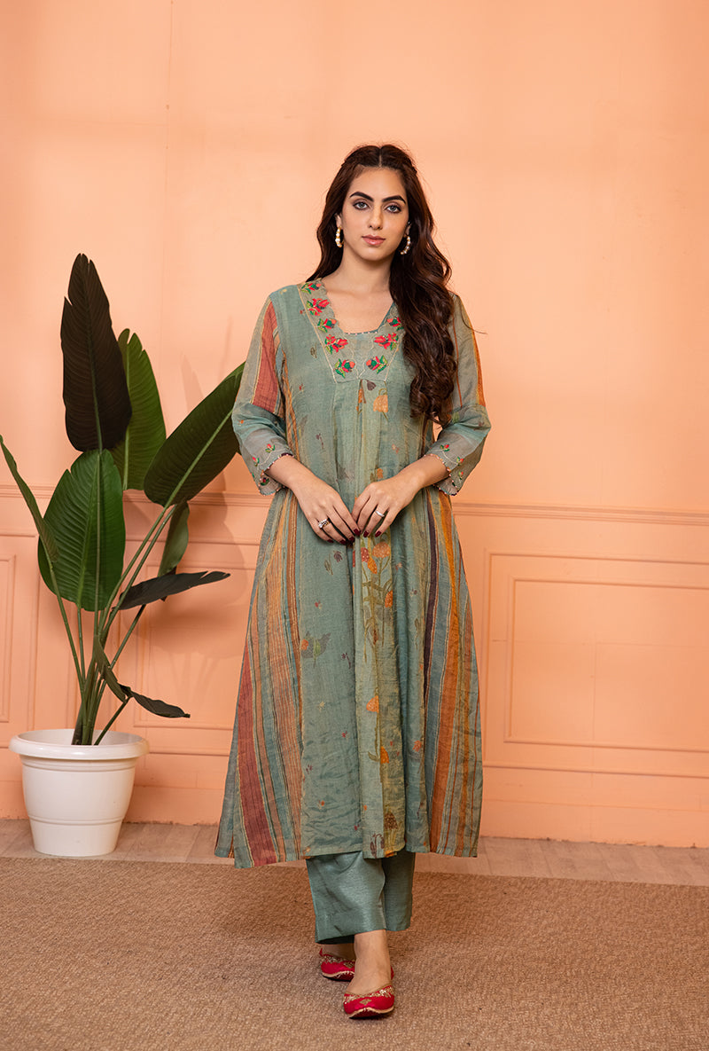 Teal Blue V-Neck Scallop Sia Kurta Set