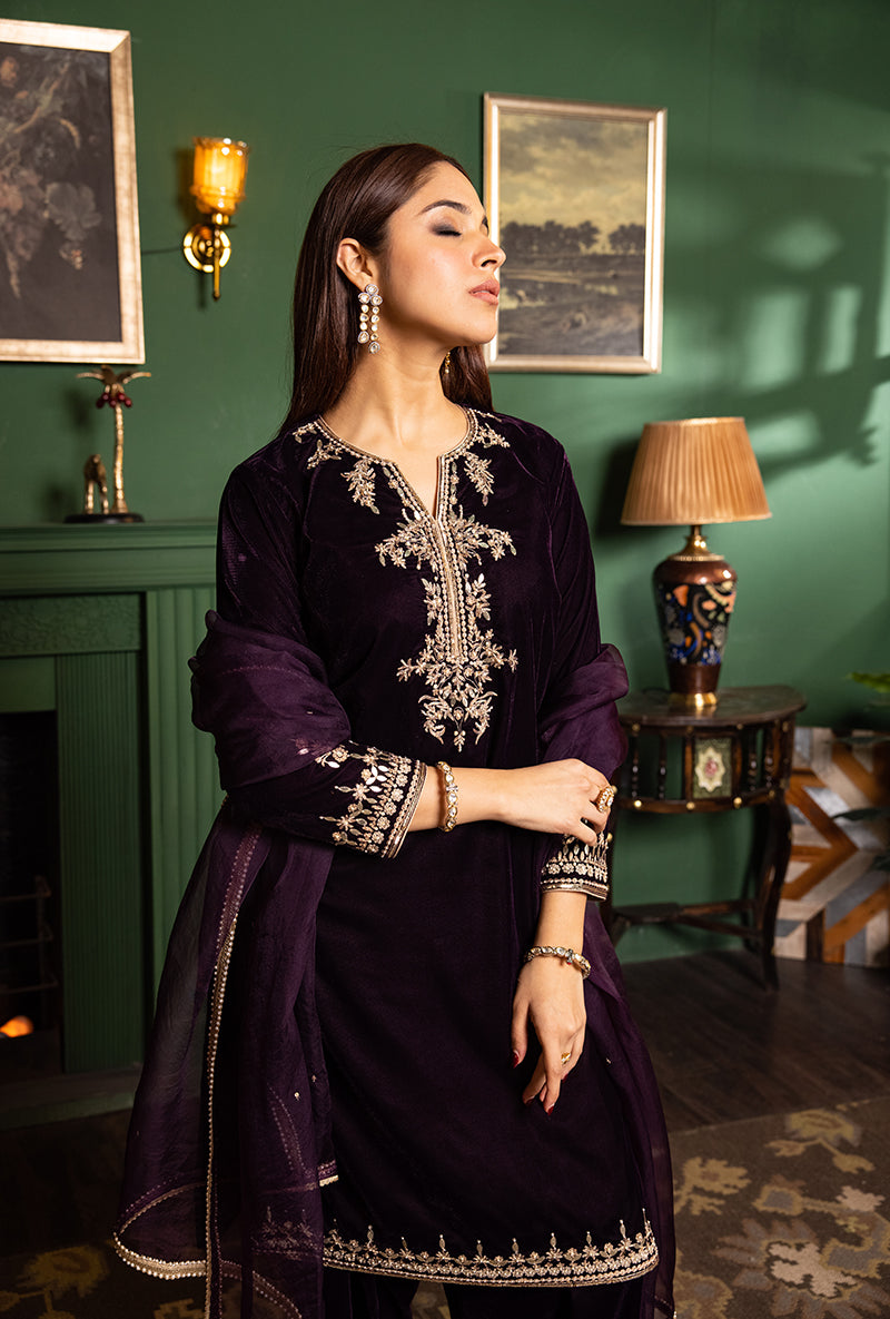 Wine Velvet Gota And Pearl Dastaan Salwar Set