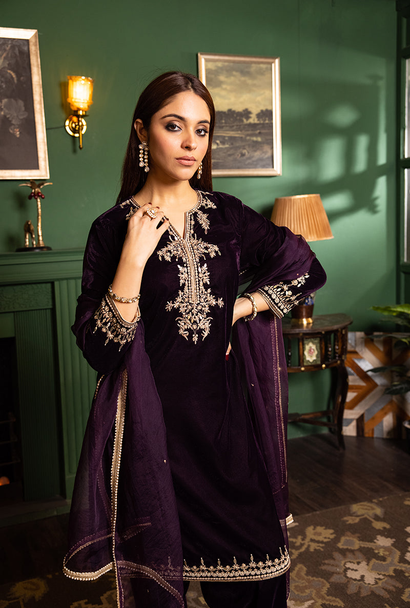 Wine Velvet Gota And Pearl Dastaan Salwar Set