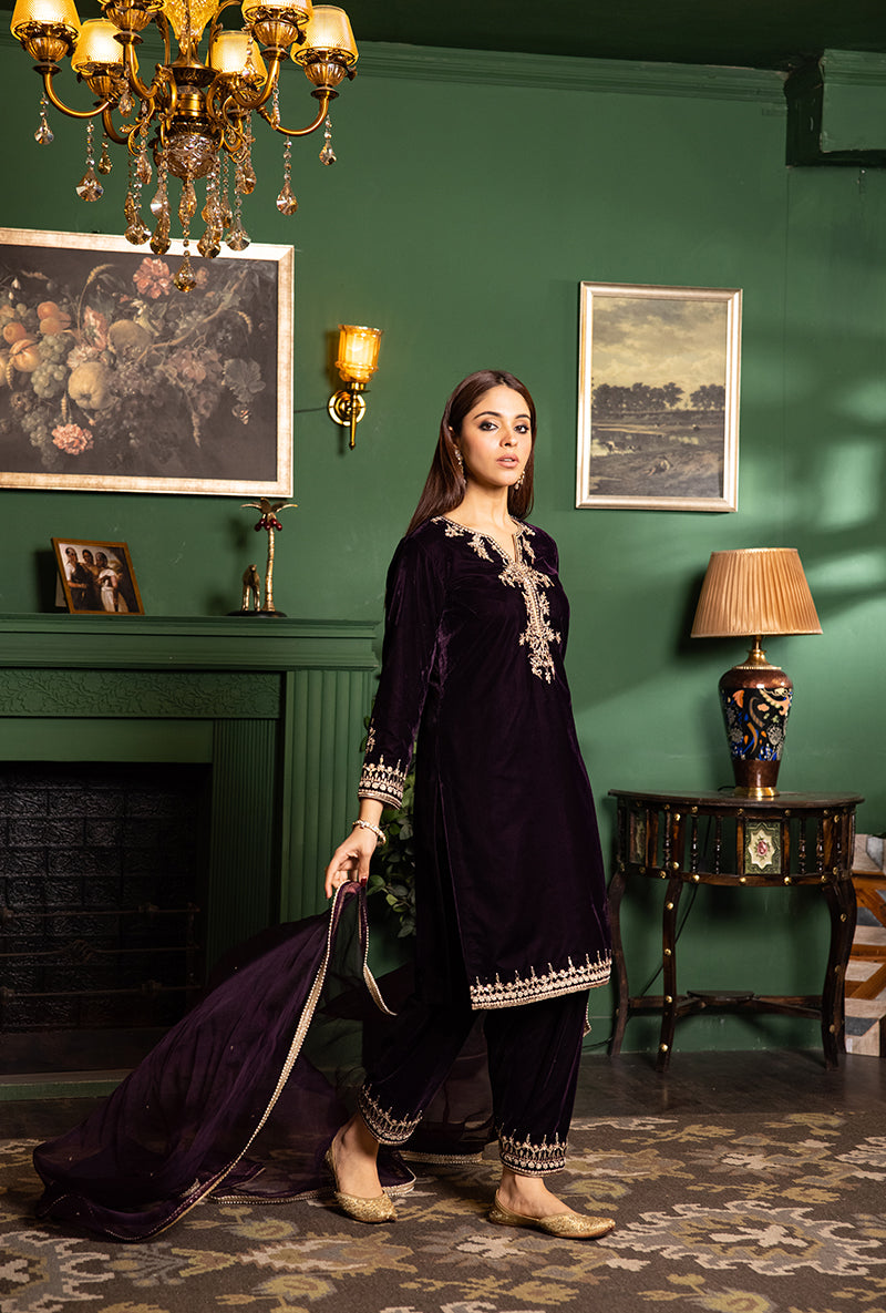 Wine Velvet Gota And Pearl Dastaan Salwar Set