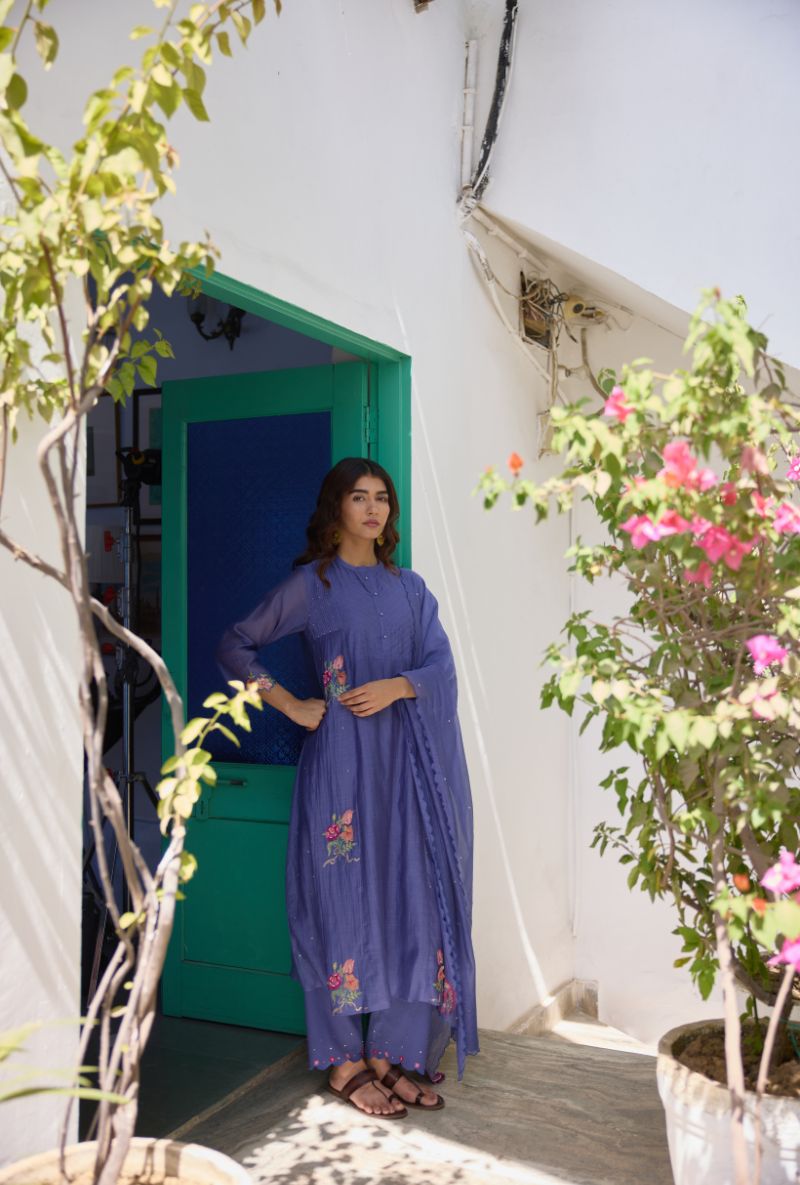 Blue Floral Embroidered &amp; Applique Vaidehi Kurta Set