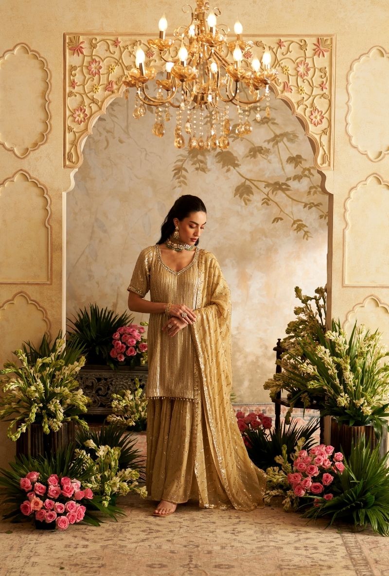 Beige Stripes Sequin Rumi Gharara Set