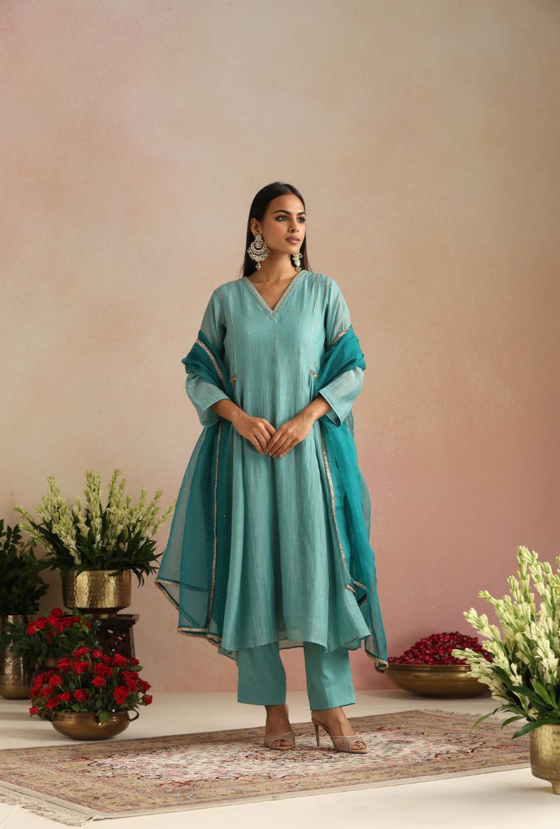 Ice Blue Zari And Dabka Work Itrh Kurta Set