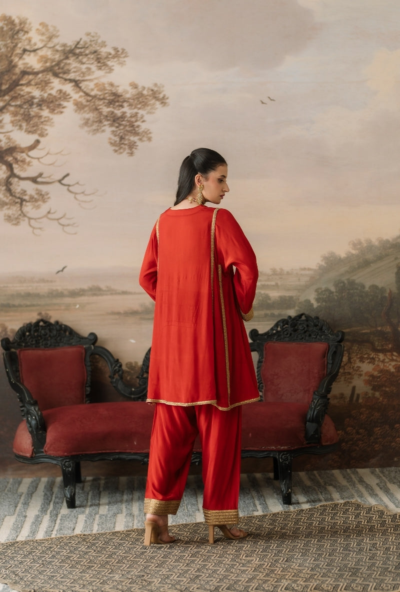 Rust Embroidered Motif Choga Gulbano Salwar Set