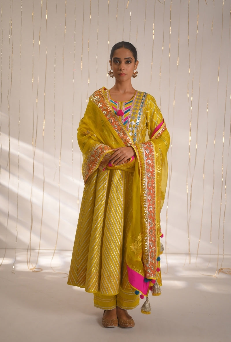 Yellow Gota Lace and Patti Long Mehreen Anarkali Set