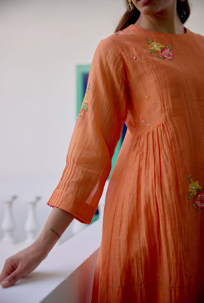 Orange Floral Embroidered Side Gather Vaidehi Kurta Set