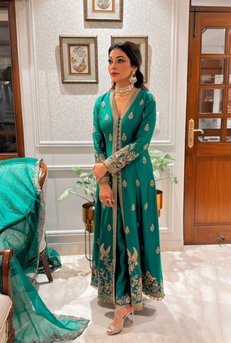 Meghna Nayyar in Green Long Jacket Kurta Set