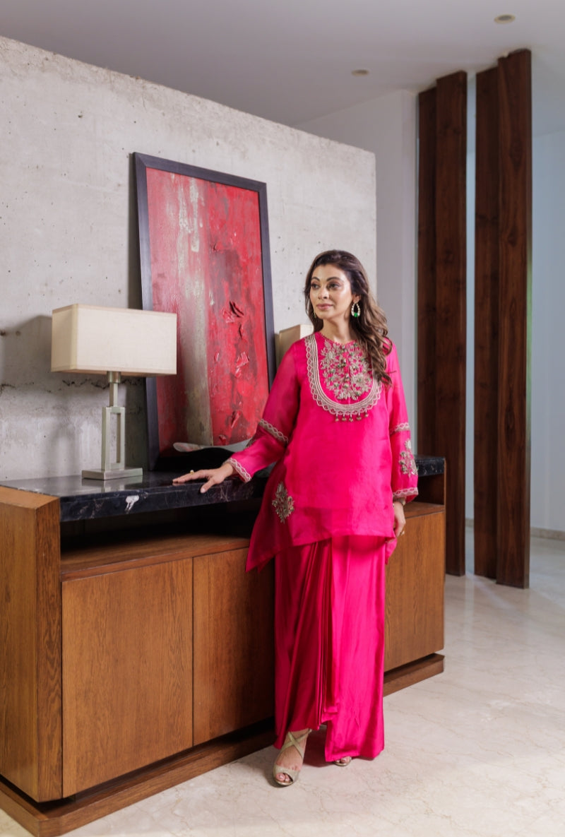 Meghna Nayyar in Rani Pink Dabka Long Yoke Drape Skirt Set