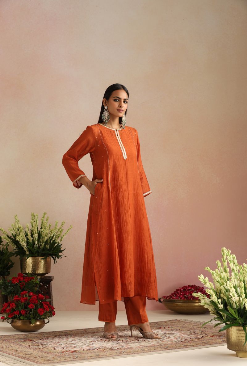 Burnt Orange Cheeta Work Itrh Kurta Set