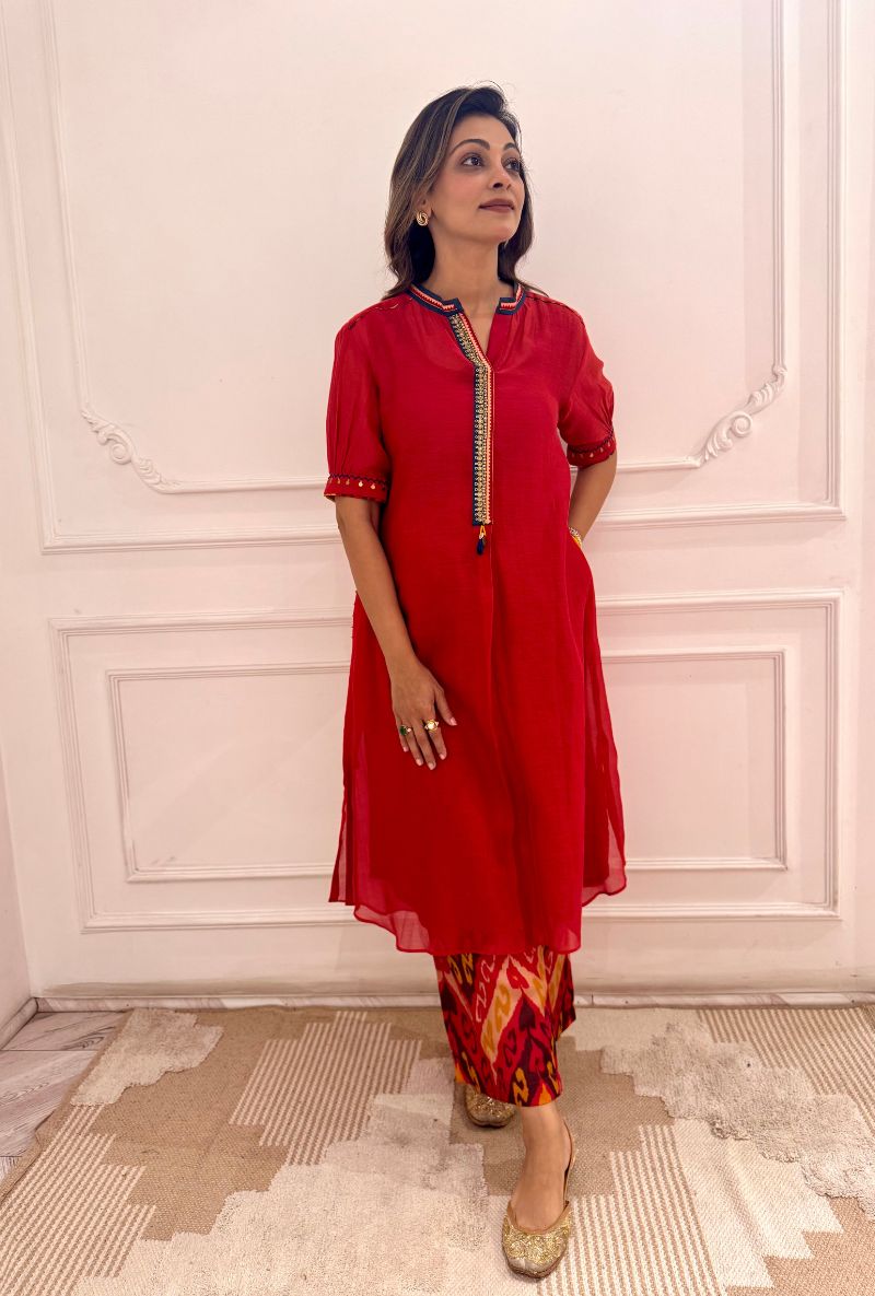 Meghna Nayyar in Red Marodi Embroidery Placket Maeri Kurta Set