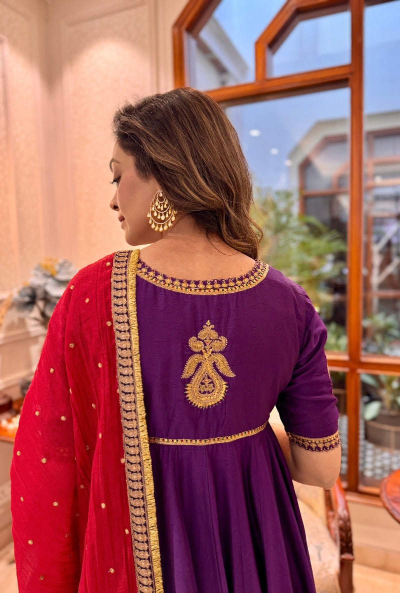 Meghna Nayyar in Purple Zari Motif Anarkali Set
