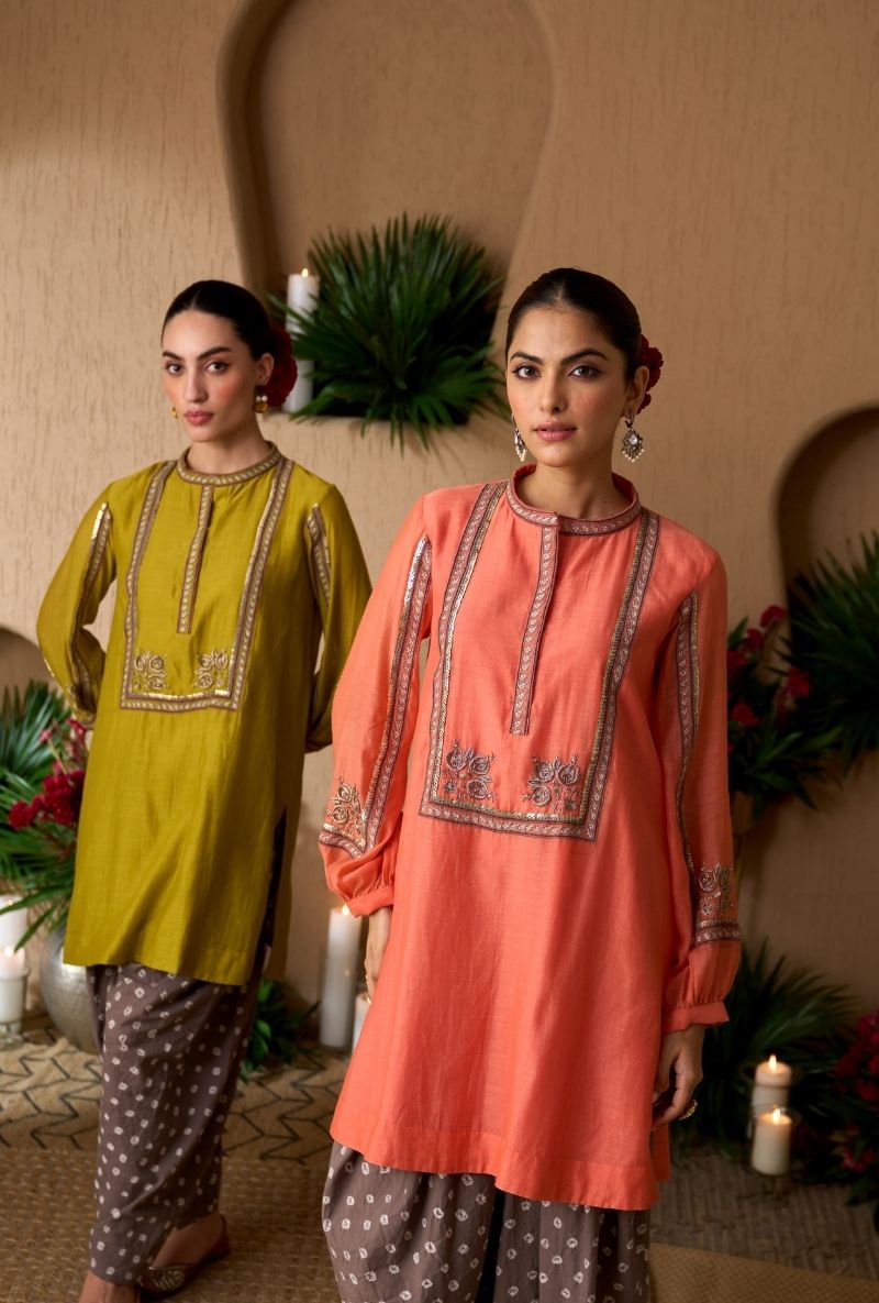 Peach Bandhej Dhoti Naveli Kurta Set