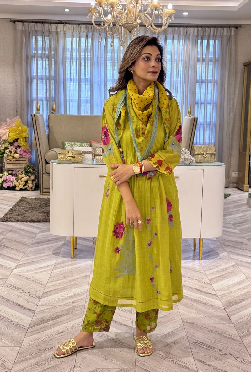 Meghna Nayyar in Mint Green Pintuck Yoke Hand Block Print Kurta Set