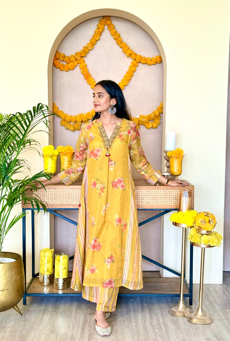 Jyoti Verma in Musrard Embroidered V Neck Bageecha Kurta Set