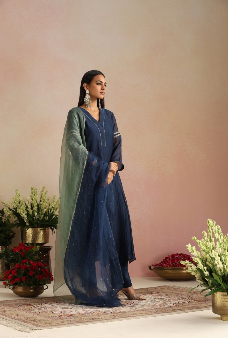 Navy Blue Zari Embroidery Itrh Kurta Set